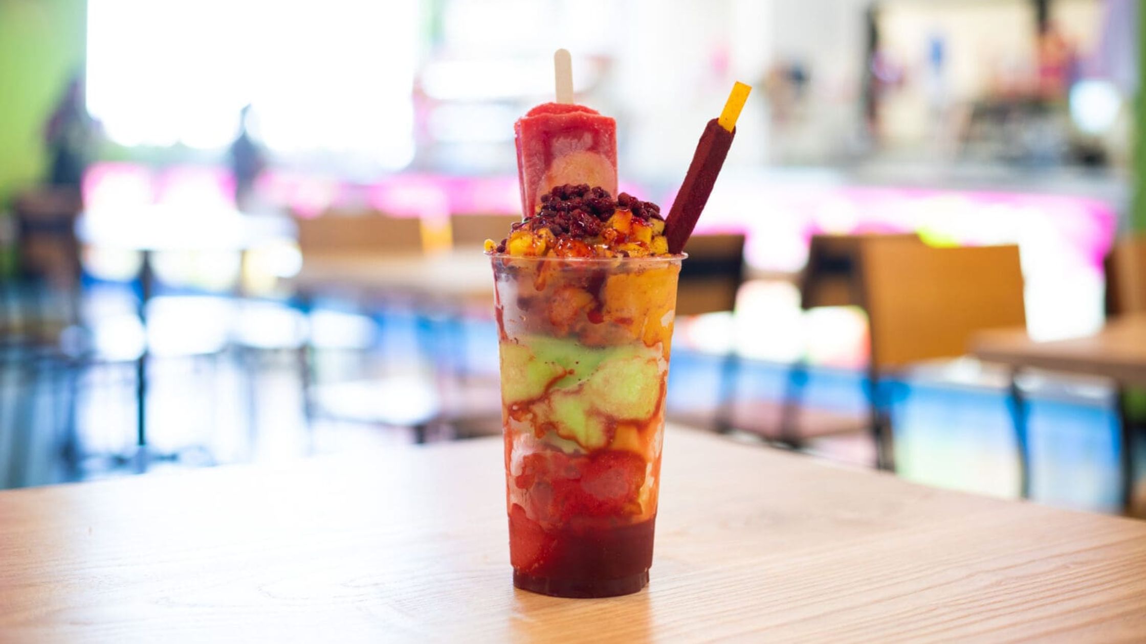 a LA MANGONEADA on a table at a Mexican Ice Cream shop.